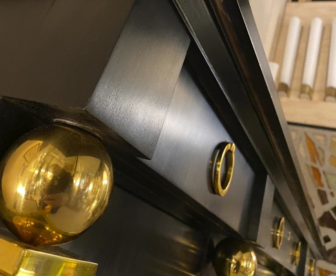 Andre Arbus large black lacquered cabinet with gold bronze accent