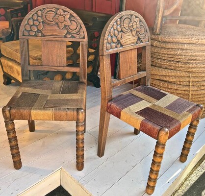 Brutalist Art Deco carved pair of chair with rope waved seats