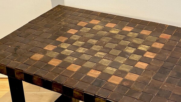 Brutalist French 50s hammered iron coffee table with oxidized acid patina canvas top