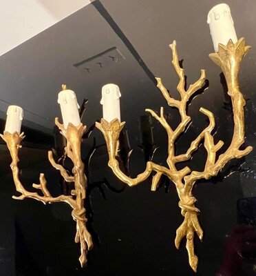 Felix Agostini style rarest set of 2 gold bronze organic sconces