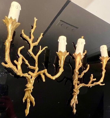 Felix Agostini style rarest set of 2 gold bronze organic sconces