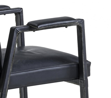 Jacques Adnet rare set of 4 black hand stitched leather arm chair