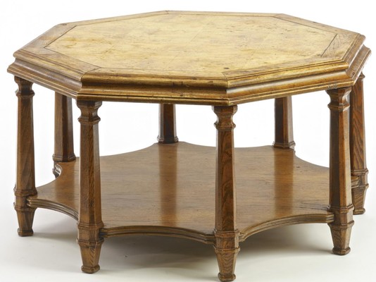 JC Moreux style Neoclassical hexagonal oak 2 tier coffee table