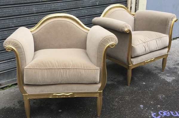 Maurice Dufrene refined art deco carved gilt wood frame chairs