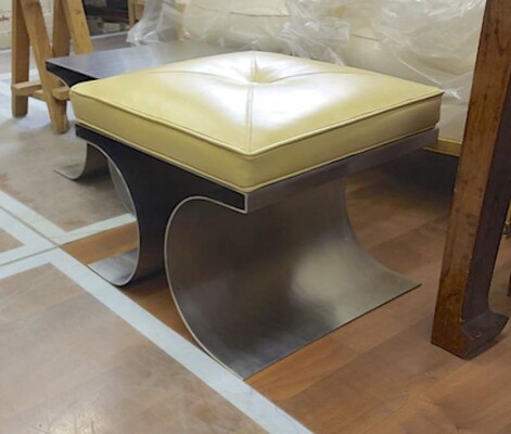 Michel Boyer iconic pair of bruised steel and leather stool