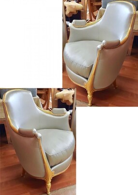 Paul Follot early Art Deco pair of gold leaf carved frame chairs newly covered in veraseta satin silk