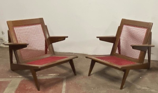 Pierre Jeanneret style pair of vintage pair of lounge chairs