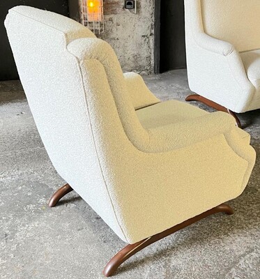  set of horn leg couch and chair covered in boucle cloth
